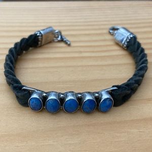 Leather sterling silver blue stone bracelet